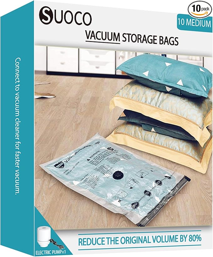 Travel Vacuum Storage Bags with Electric Pump, Space Saver Seal Compression Packing Bags for Clothing Bedding Comforters Blankets Pillows Clothes, 10 Medium