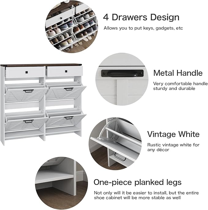 Shoe Cabinet with 4 Flip Drawers & 2 Drawers,Farmhouse Shoe Storage Cabinet for Entryway,Slim Freestanding Organizer Rack for Front Door Entrance,White