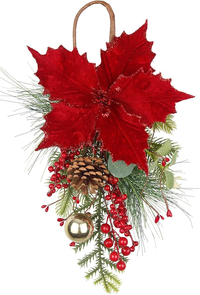 CITYES Christmas Swag Artificial Teardrop Swag Wreaths with Pinecones Red Berry Golden Ball Poinsettia Artificial Christmas Teardrop for Xmas Decor Front Door Outdoor Indoor Wall Mailbox
