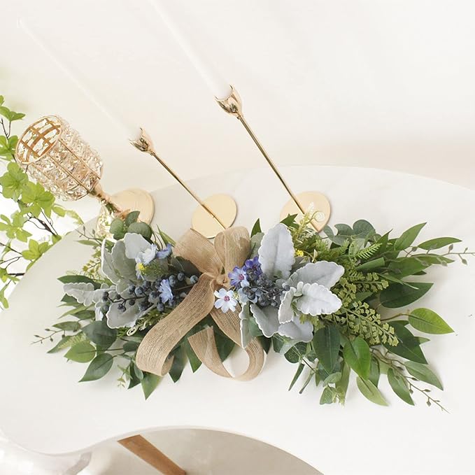 DEDEMCO Spring Floral Swag Wreath for Front Door 25.5 Inch,Eucalyptus Greenery Flower Swag with Silk Bow and Blue Berries,Wedding Arch Flower Swag for Home Table Centerpieces