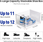 eWonLife Large Shoe Organizer Storage Box with Magnetic Door,12 Pack Clear Plastic Stackable Sneaker Containers for Closet, Connect Left and Right Shoe Box for Entryway, Drop Front, Under Bed (White)