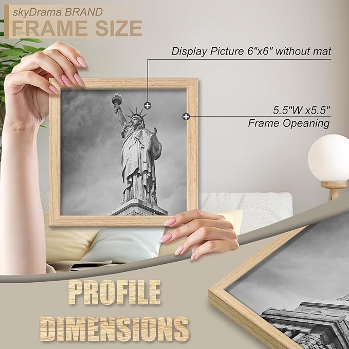 Natural Solid Wood 6x6 Picture Frame, Display 6 x 6 Inch Picture Poster Photo, Vertical & Horizontal Wall Hanging - 2 Pack/Natural/6"x6"