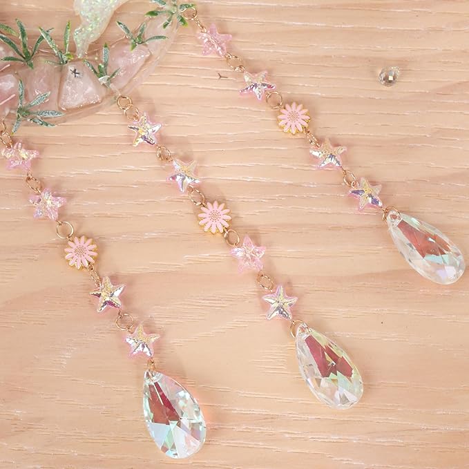 Fairy Pink Forest Deer Crystals Dream Catchers Christmas Gemstone Sun Catcher with Star&Flowers Ornament Handmade Dreamcatcher Wall Decor for Adults Boys Girls Bedroom Wedding Garden Bless Gift