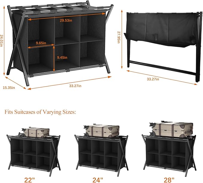 Luggage Rack for Guest Room, Set of 2, Folding Suitcase Stand with 6-Cube Fabric Storage Shelf, Luggage Holder, Steel Foldable Luggage Stand for Guest Room, Bedroom, Hotel, Black