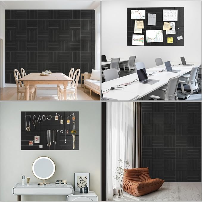 Large Cork Board Strips for Wall, 36" x 24" Black Bulletin Board, 6 Pack Fabric Wall Tiles with Pushpins, Adhesive Cork Board for Office, Sound Absorbing Bulletin Board Set for Home Music Class