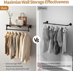Luxspire Clothes Rack 28.7inch, Wall Mounted Garment Racks with Top Shelf for Hanging Clothes, Heavy Duty Industrial Pipe Garment Rack, Laundry Room Shelves Closet Storage, Black + Brown