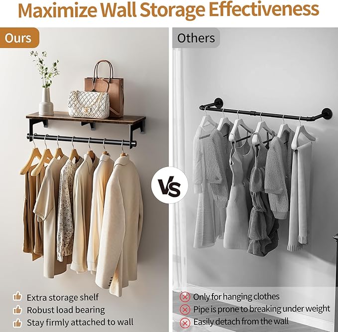 Luxspire Clothes Rack 28.7inch, Wall Mounted Garment Racks with Top Shelf for Hanging Clothes, Heavy Duty Industrial Pipe Garment Rack, Laundry Room Shelves Closet Storage, Black + Brown
