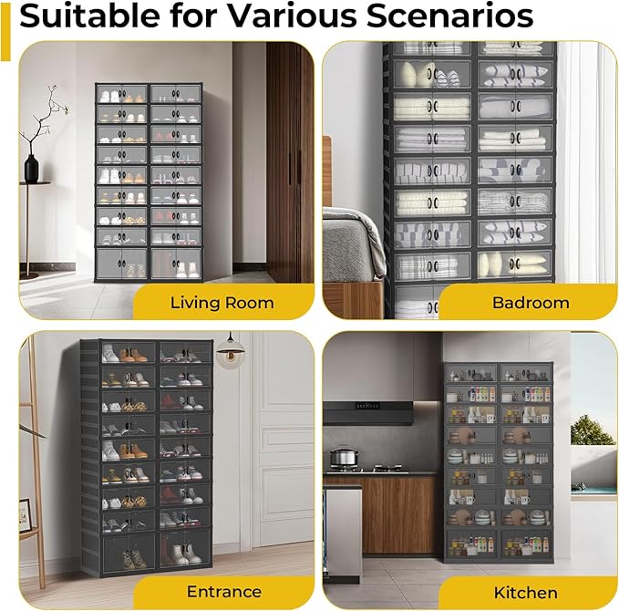 FAHKNS Foldable Shoe Rack, Transparent Shoe Boxes with Magnetic Double Doors, Shoe Organizer Storage for Entryway/Bedroom/Cloakroom, Large Shoe Cabinet with Hidden Bottom Roller 9 Tiers 4 Row (Black)