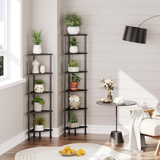 HOOBRO Corner Shelf Stand, Industrial 6-Tier Corner Bookshelf with Metal Frame, Bookcase, Plant Display Stand for Small Spaces, Living Room, Black BK36CJ01