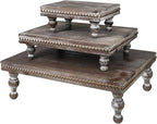 MAONAME Wood Display Risers Decorative Tray Set of 3, Farmhouse Pedestal Stand for Display Home Decor, Vintage Brown Beaded Wooden Tray for Kitchen Counter, Short and Tall Footed