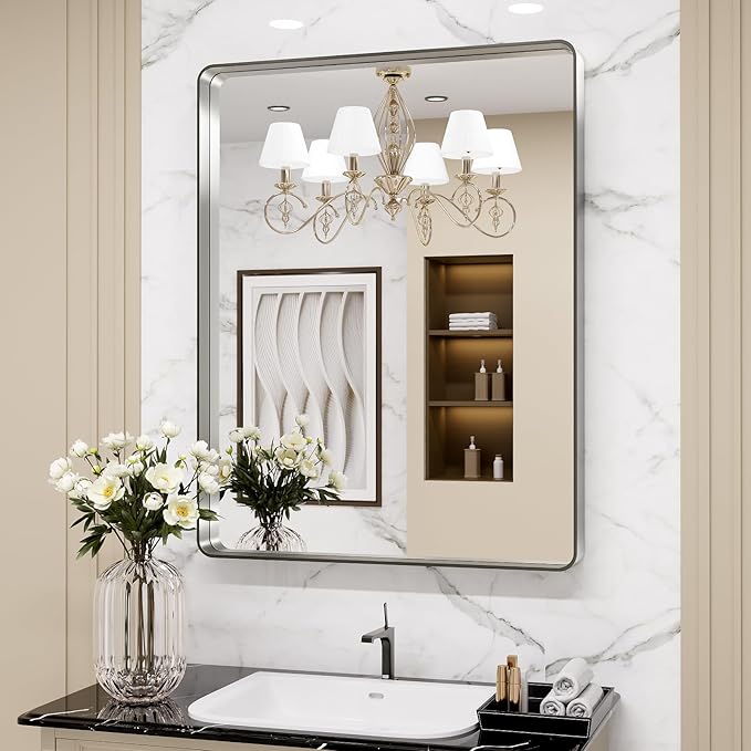 LOAAO 30X36 Inch Brushed Nickel Bathroom Mirror, Rounded Rectangle Silver Metal Frame Mirror, Brushed Nickel, Anti-Rust, Shatter Proof, Hangs Horizontally or Vertically
