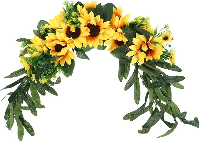 Holibanna Artificial Sunflower Swag Wedding Arch Flowers Floral Door Swag Green Leaves Hanging Ornament for Wedding Backdrop Fireplace Garden Decor