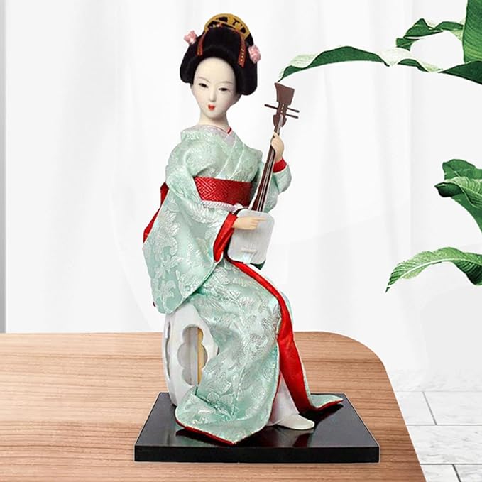 12inch Japanese Geisha Ethnic Japanese Geisha Dolls Oriental Ancient Kabuki Girl Statue Kimono Dolls for Tabletop Home Decor, Red and Light Green