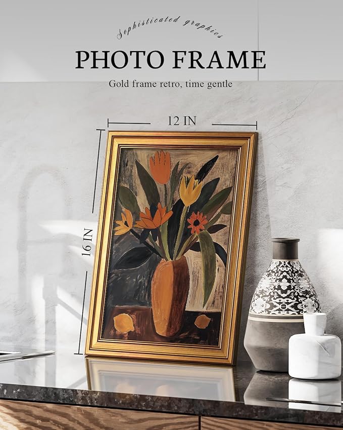 VIYYIEA Vintage Gold Framed Wall Art for Living Room, Flowers Canvas Prints Home Decor, Oil Painting Picture, Bedroom Wall Decor Gifts for Friends or Family -【Tulip and Lemon】-(16L x 12W)