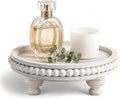 EOSAHR Pine Round Wood Riser for Room Decor– Retro Beaded Pedestal Tray for Plant Stand, Perfume Organizer & Cupcake Stand – Boho Home & Bathroom Accents(Whitewash)