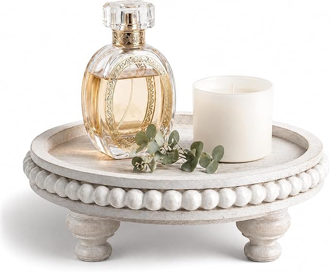EOSAHR Pine Round Wood Riser for Room Decor– Retro Beaded Pedestal Tray for Plant Stand, Perfume Organizer & Cupcake Stand – Boho Home & Bathroom Accents(Whitewash)