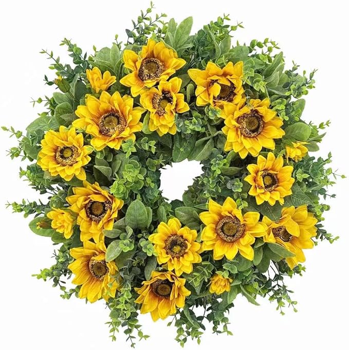 20 Inch Spring Sunflower Wreath for Front Door - Artificial Yellow Floral Front Door Decor with Sunflowers and Green Leaves, Cheerful Farmhouse Porch Indoor Outdoor for All Seasons Decor