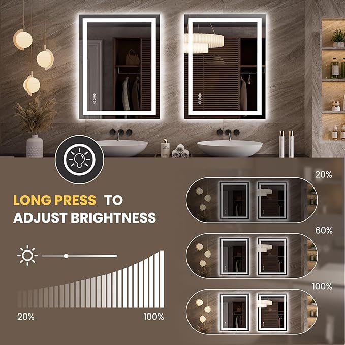 LOAAO 27.6"x35.4" LED Mirror for Bathroom, Lighted Bathroom Mirror with Lights, Anti-Fog, Dimmable, Memory Function, Clear Reflection