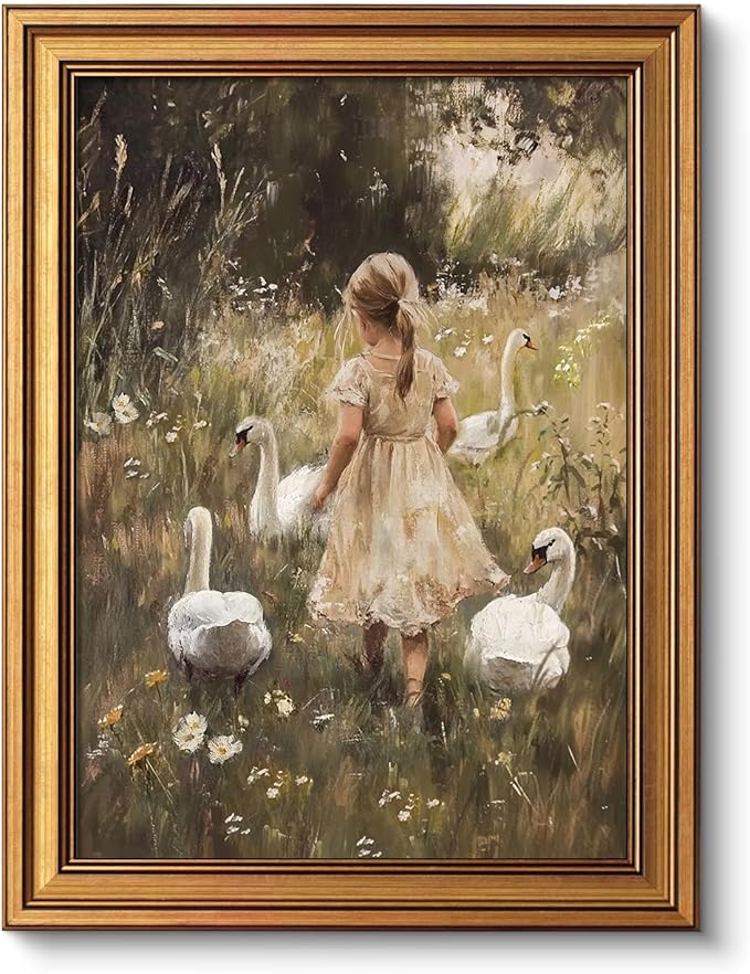 VIYYIEA Vintage Gold Framed Wall Art for Living Room, Gooses Girl Canvas Prints Home Decor, Oil Painting Picture, Bedroom Wall Decor Gifts for Friends or Family -【Graceful Companions】-(16L x 12W)