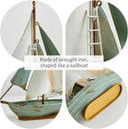 Retro Metal Sailboat Decor, Iron Nautical Sculpture for Home, Vintage Boat Figurine for Living Room Table, Office Desk, Bookshelf, Coastal Style Decoration (Blue & White)