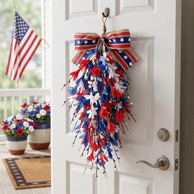 2 PCS 24'' Patriotic American Swag for Front Door 4th of July Teardrop Swags Independence Day Swags Wreath Red White Blue Flag Forsythia Flowers Hanging Swag for Memorial Day Flag Day Cabinet Decor