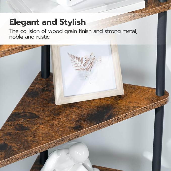 HOOBRO Corner Shelf Stand, Industrial 3-Tier Corner Bookshelf with Metal Frame, Plant Display Shelf, Small Bookcase for Small Spaces, Living Room, Rustic Brown and Black BF30CJ01