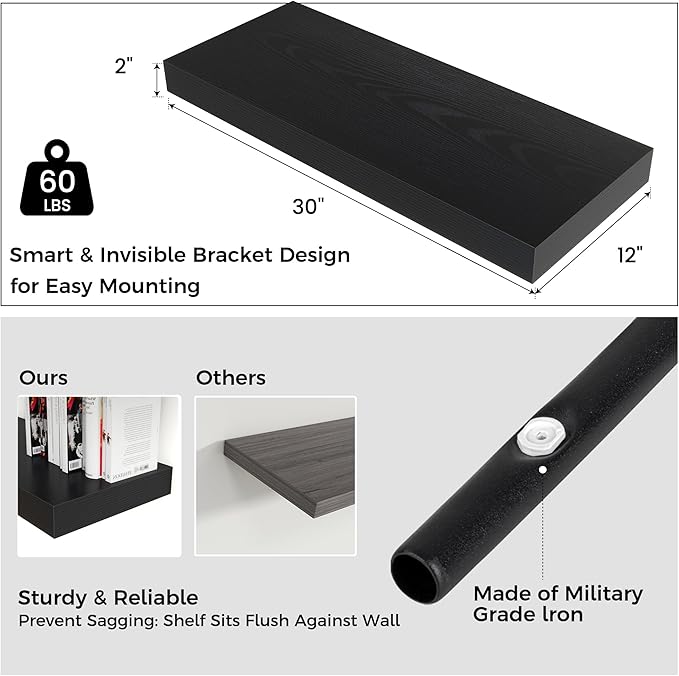 Venusmiles Floating Shelves for Wall, 30" W x 12" D x 2" H, 2 Pack of Long Wall Mounted Engineered Wood Shelves with Invisible Brackets for Living Room, Bedroom, Bathroom, Kitchen Decor, Black