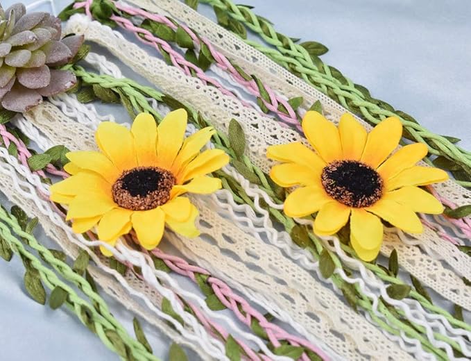 DrCor Sunflower Dream Catcher Bedroom Nursery Boho Floral Handmade Greenery Wall Hanging Decor for Party Office Teens Girls Kids Room Decor