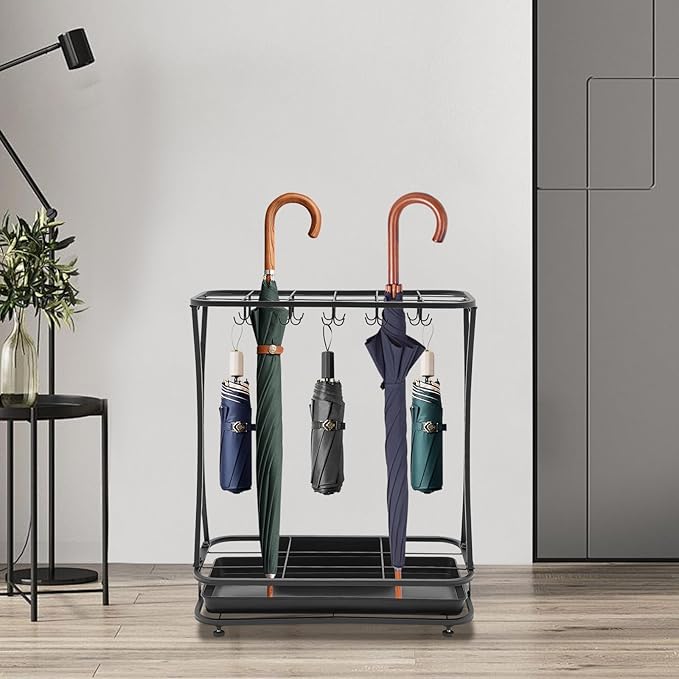 Large Capacity Umbrella Organizer, Industrial Free Standing Umbrella Rack Umbrella Display Rack with Removable Drip Tray, 18 Slots 10 Hooks for Entrance Home Office Patio Decoration, Black