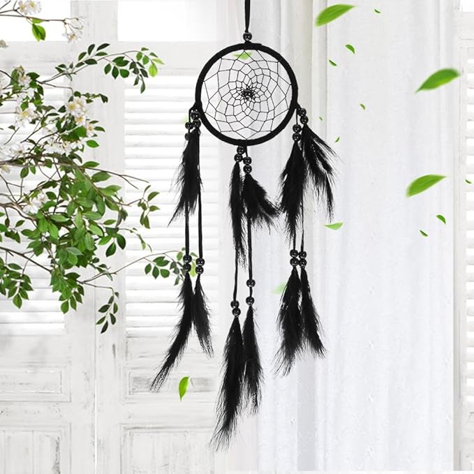 1pc Wood Beads Handmade Large Dream Catcher Dreamcatcher Craft Hanging Pendant Craft Gift Living Room Home Decoration(Black)
