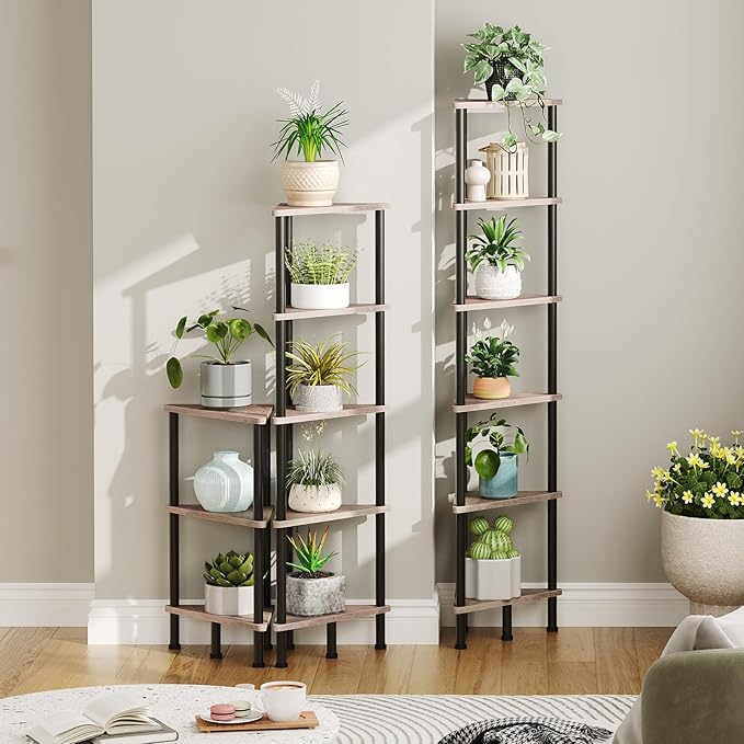 HOOBRO Corner Shelf Stand, Industrial 6-Tier Corner Bookshelf with Metal Frame, Plant Display Shelf, Bookcase for Small Spaces, Living Room, Greige and Black BG36CJ01