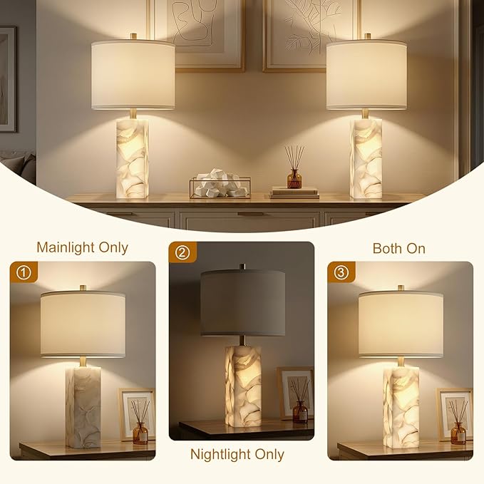 Scenekoy Alabaster Table Lamp Set of 2 with Night Light for Bedroom Living Room, 23" Rotary Switch Bedside Lamp with Linen Shade, Modern Nightstand Lamps for Room Office Dorm (Bulb Included)
