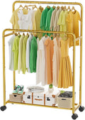 Simple Trending Clothing Clothes Rack Double Rods with Wheels, Rolling Metal Garment Rack for Hanging, Gold