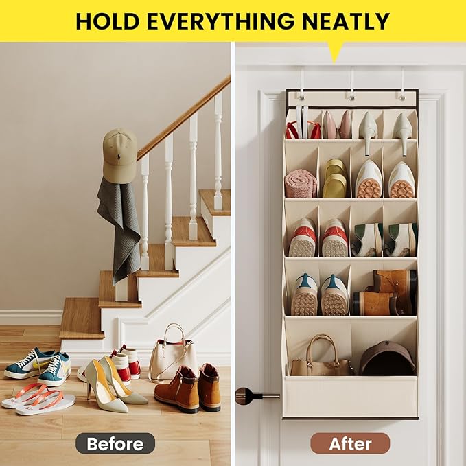 15 Pockets Over the Door Shoe Organizer, Shoe Rack for Closet Door with Large Breathable Pockets, Hanging Shoes Rack for Boots Size, Behind the Door Organizer Shoe Holder for Flexible Storage, Beige ﻿