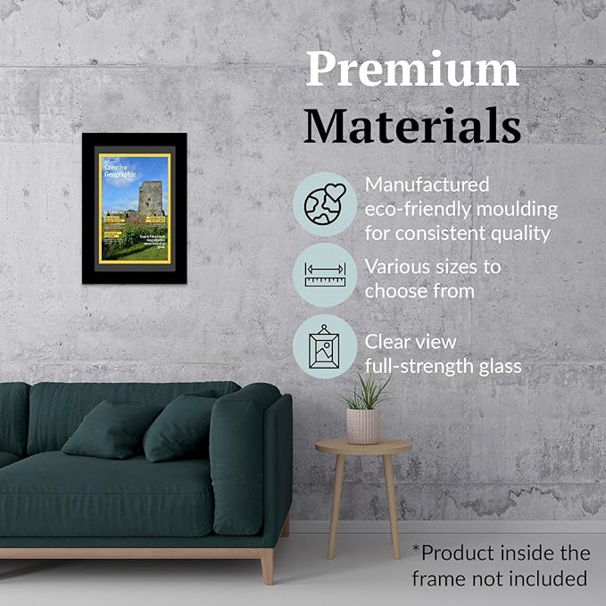 Creative Picture Frames 6.87 x 10 Magazine Frame with Full-Strength Glass, Holds Up To A 1/4" Thick Media with Installed Wall Hangers for Easy Mounting, 8x10 Manhattan Black Frame with Black Mat