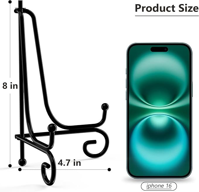 8 Inch 4 Pack Iron Display Stand, Metal Easel Stand for Picture Frame, Black Wire Iron Easel Plate Holder Dish Stand for Displaying Pictures, Decoration Plates, Books Dishes and Arts