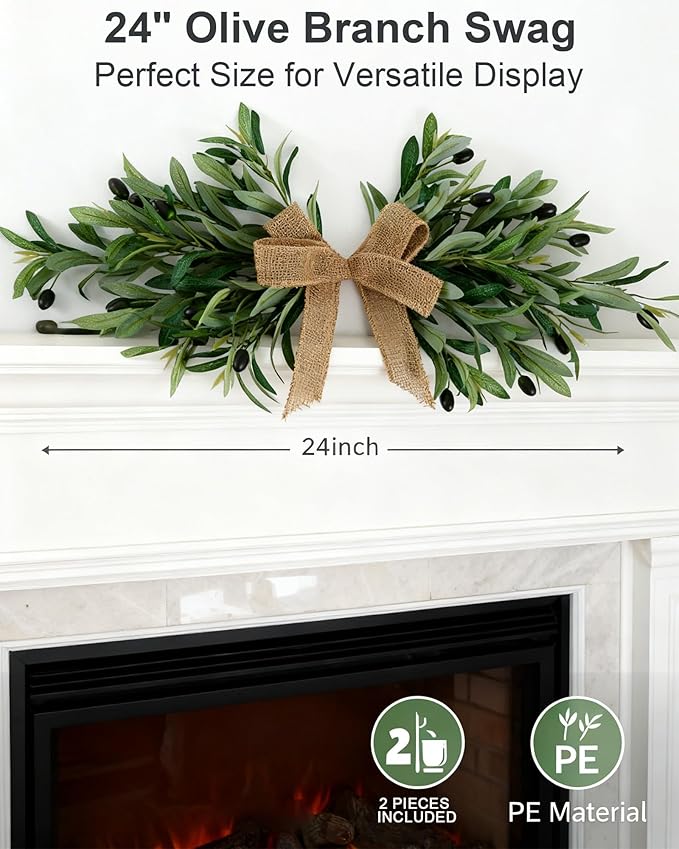 24" Handmade Artificial Olive Swag (2PC), Realistic Greenery Swag with Natural Burlap Bow, Easy to Hang Symmetrical Olive Branch Wreath for Front Door, Wedding Arch, Mantle & Farmhouse