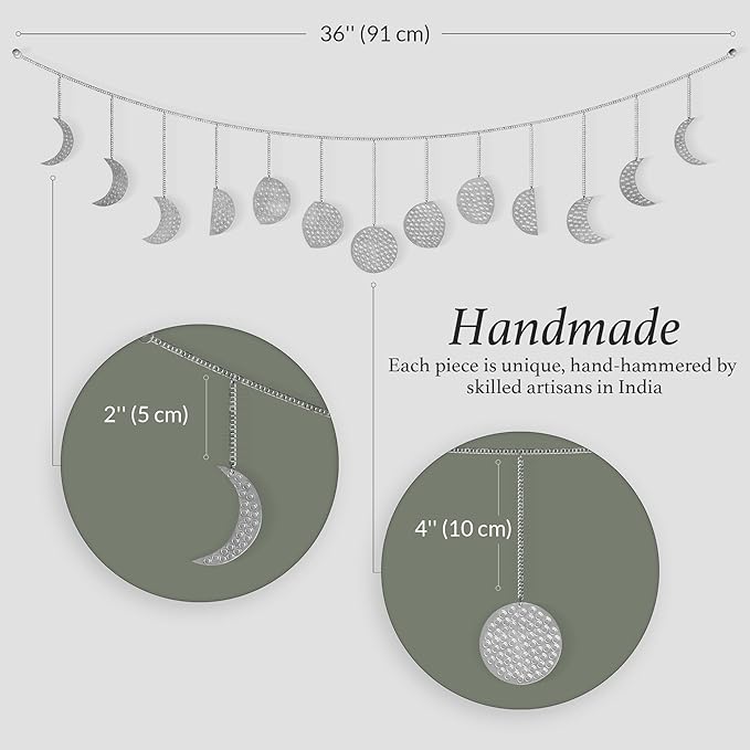 BASE ROOTS Moon Phase Wall Decor, Celestial Décor, Moon Décor & Boho Wall Décor, Silver Wall Art for Bedroom & Living Room, Bohemian Wall Decor, Handmade Hammered Metal 36" 13 Phases Moon Wall Decor, Gift for Women & Kids