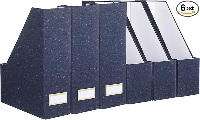 Gueevin Set of 6 Magazine File Holders, Sturdy Cardboard Desk Magazine Organizer with Gold Label Slots, Foldable File Folder Rack for Home Office Classroom Library(Blue)