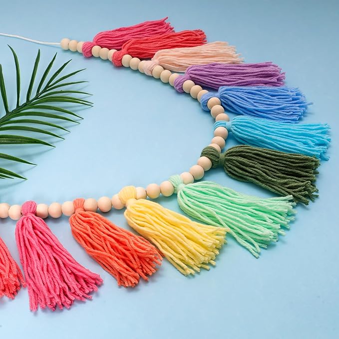 Colorful Tassel Garland Yarn Bunting Banner with Wood Bead for Kids Nursery Room Bedroom Wall Hanging Decor Birthday Party Baby Shower Wedding Decor