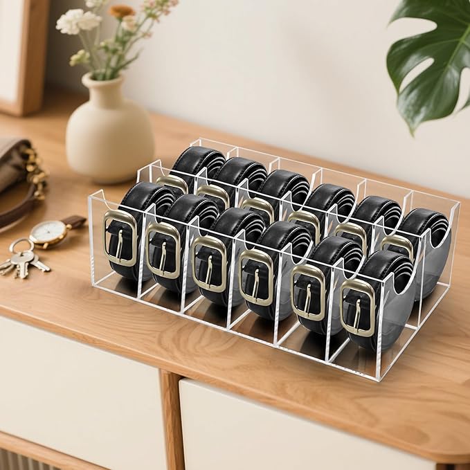 ZENFUN 12 Compartments Belts Storage Box, Acrylic Belt Organizer, Belt Container Storage Holder Clear Belts Display Case for Watch, Hair Accessories, Jewelry, Closet and Drawer