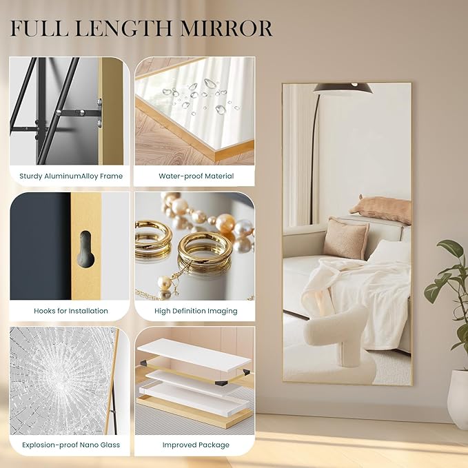 DUMOS 71"x26" Full Length Mirror, Full Body Mirror with Aluminum Alloy Thin Frame, Standing Mirrors with Leaning or Hanging, Suitable for Bedroom, Livingroom, Cloakroom, Gold