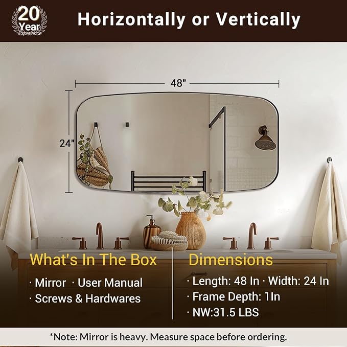 ANDY STAR Brushed Bronze Bathroom Mirror, 24x48 Oblong Mirror with Stainless Steel Metal Frame, Oval Vanity Mirror for Over Sink, Modern Anti Rust Wall Mounted