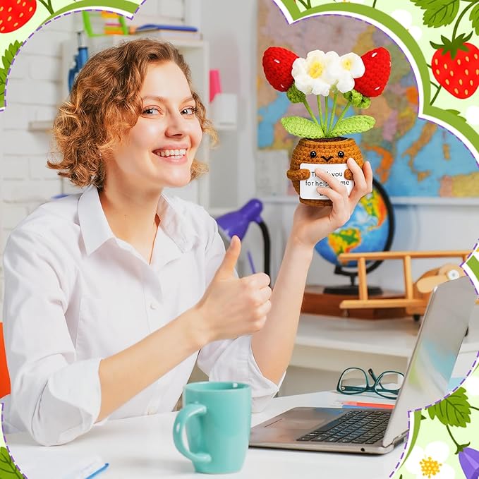 Wavwavw 3 Pack Teacher Appreciation Gift Positive Flower Handmade Crochet Doll Thank You for Helping Me Grow Gifts Back to School Gifts for Women Teacher(Strawberry, Puff and Sunflower)