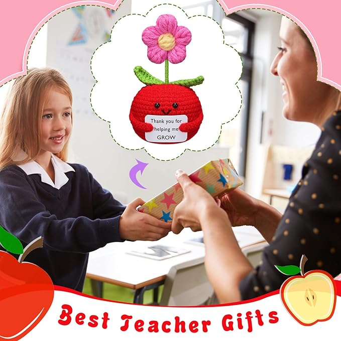 Wavwavw 3 Pack Teacher Appreciation Gift Positive Flower Handmade Crochet Doll Thank You for Helping Me Grow Gifts Back to School Gifts for Women Teacher(Apple Puff Flower)