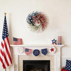 22 Inch Large Patriotic Wreath with Flag Bow, Red White Blue Forsythia Flowers & White Stars, Memorial Day 4th of July Front Door Decor