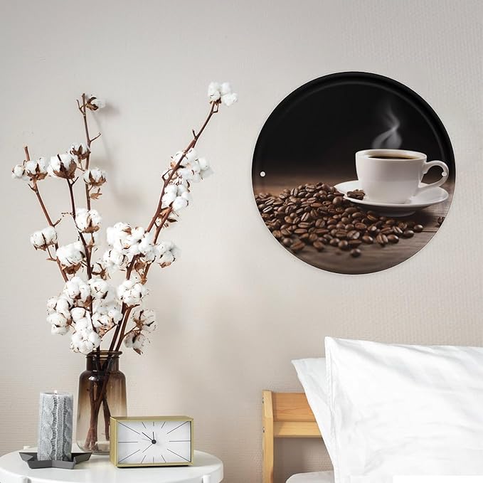 Wall Picture, with Coffee Cup and Coffee Beans Printed Circular Iron Hanging Picture,Wall Art Decor,Home for Bedroom Living Room Bathroom Decor,Iron Painting 11.8X11.8 in