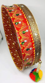 Stainless Steel Karwa Chauth 6 Pieces Decorative Pooja Thali Set (Red) (Thali Size 12")