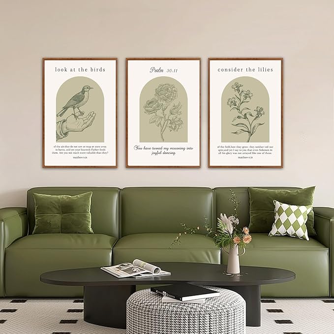 KAlRNE Sage Green Bible Verse Wall Art Set of 3(24”x36”),Framed Vintage Scripture Prints,Religious Birds and Lilies Decor,Green Christian Gallery Artwork for Living Room Bedroom Office