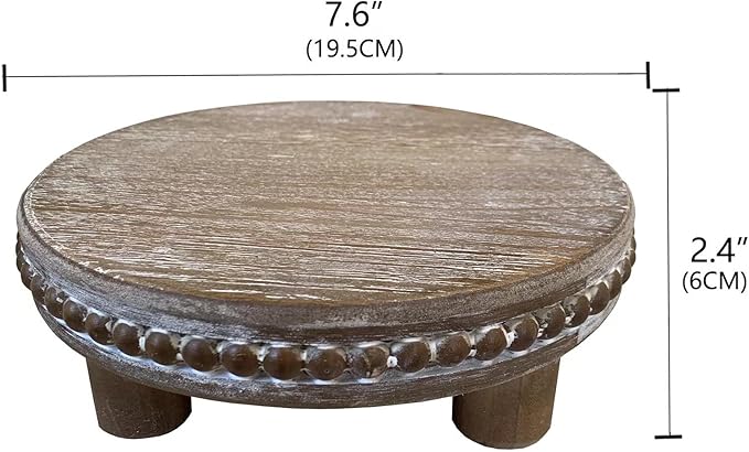 Farmhouse Beaded Wood Pedestal Tray Decor, 7.6” Round Vintage Display Stand, Decorative Accent Display Riser for Farmhouse Kitchen, Bathroom (Natural)